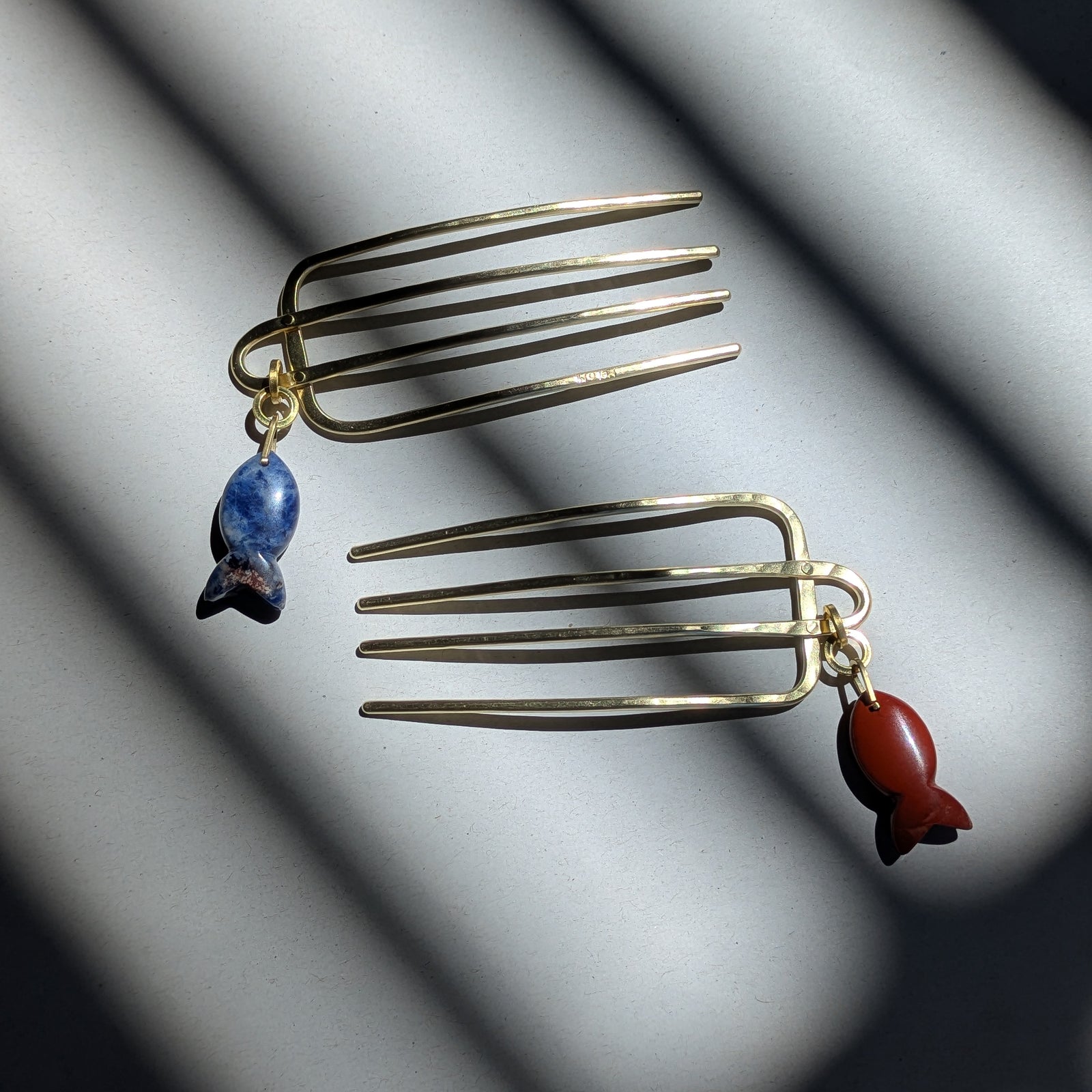Brass Comb with Gemmy Fish - Jasper + Sodalite